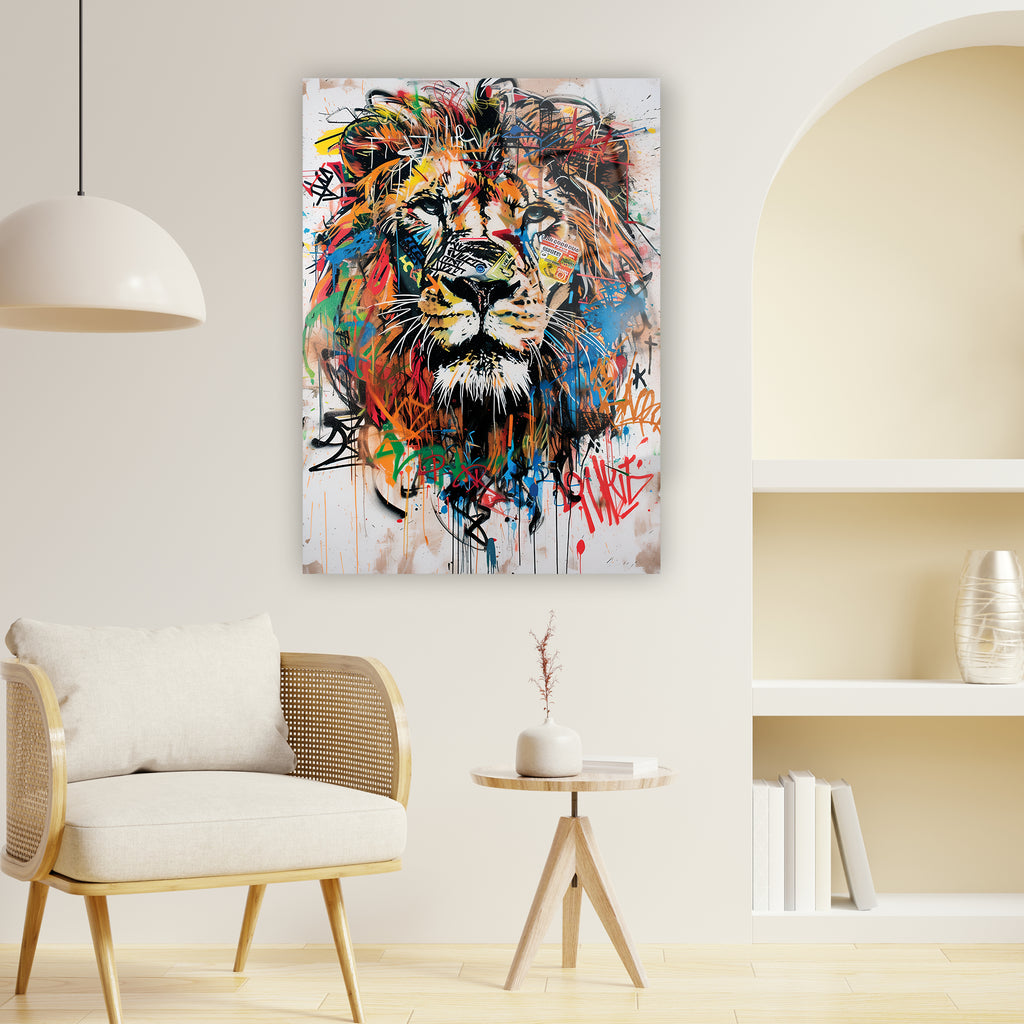 Pop art aslan cam tablo, graffiti renkli turuncu kırmızı mavi tasarım duvar süsü