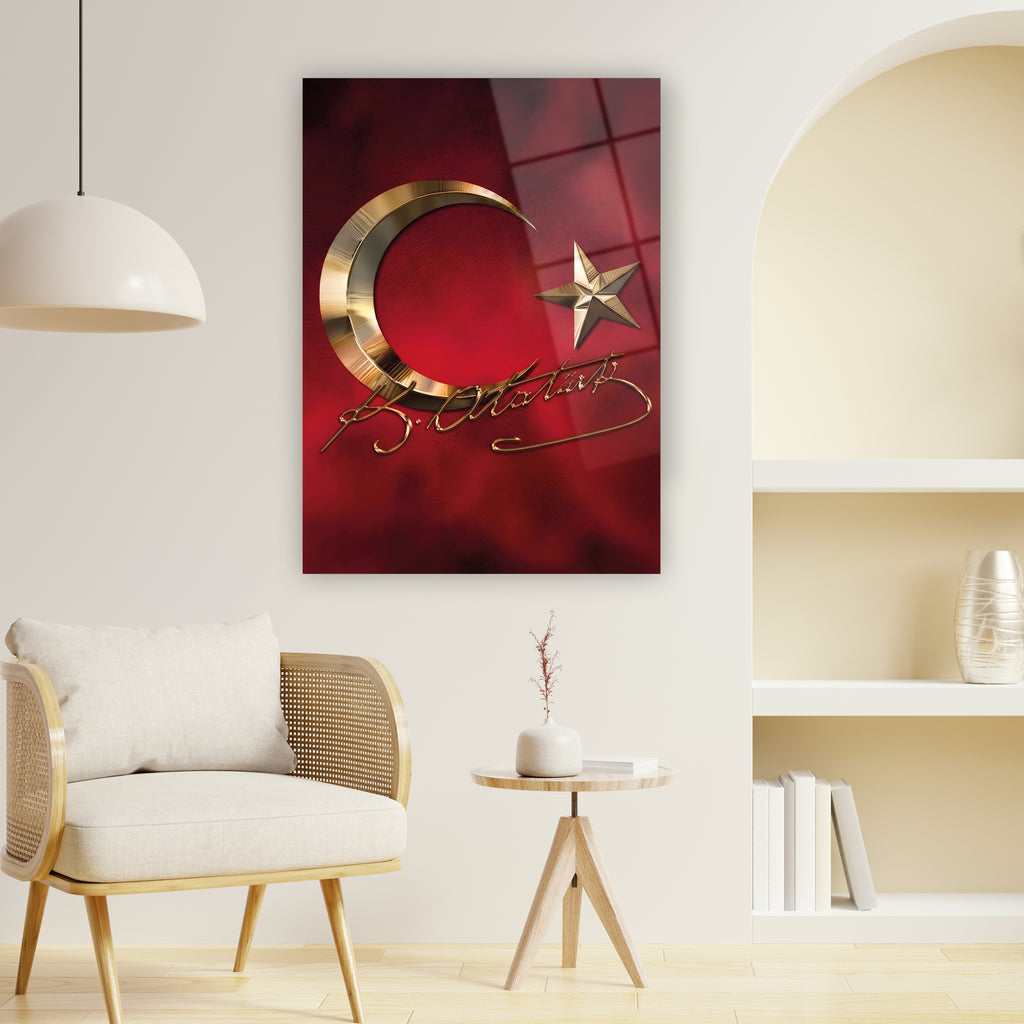 Ay-yıldız cam tablo, altın dekorasyon imzalı kırmızı duvar süsü