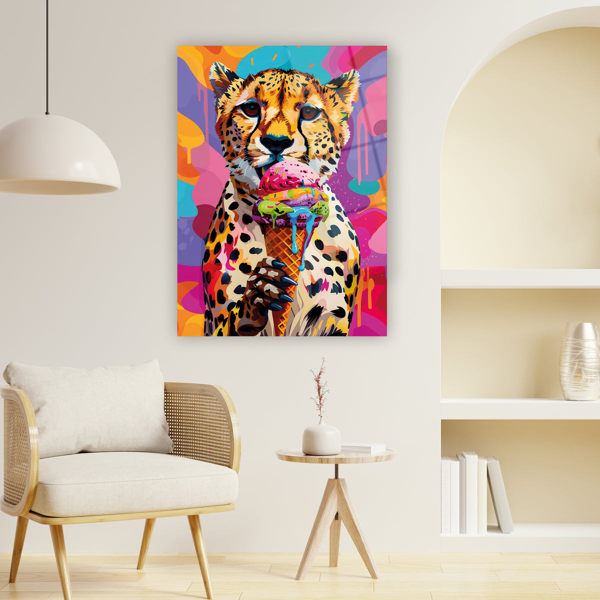 Pop art cam tablo, cheetah dondurma renkli tasarım modern duvar süsü