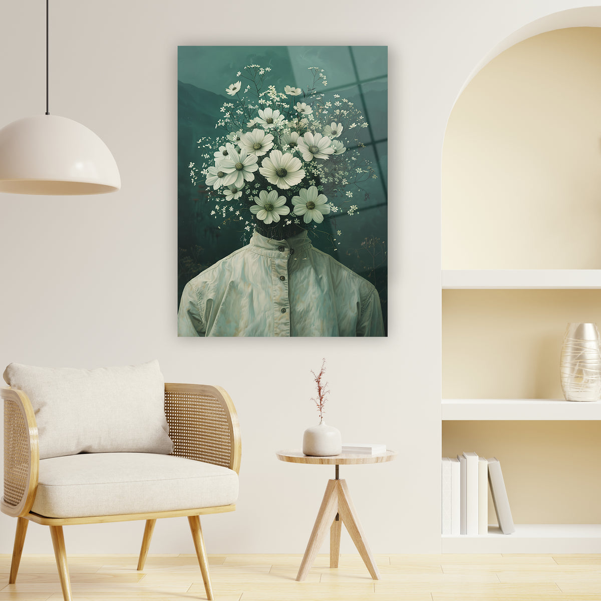 Sürreal insan cam tablo, çiçek başı daisy beyaz tasarım modern duvar süsü