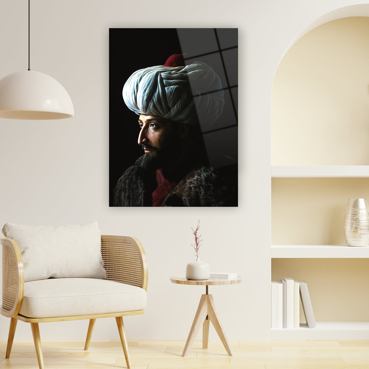 Tarihsel Osmanlı cam tablo, Fatih Sultan Mehmet profil sarık portresi tasarım duvar süsü