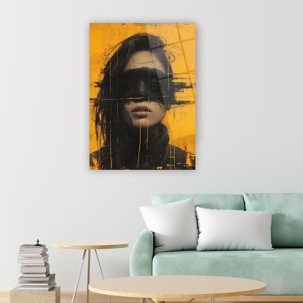 Glitch efekt cam tablo, turuncu siyah distorsiyonlu portresi modern sanat duvar süsü