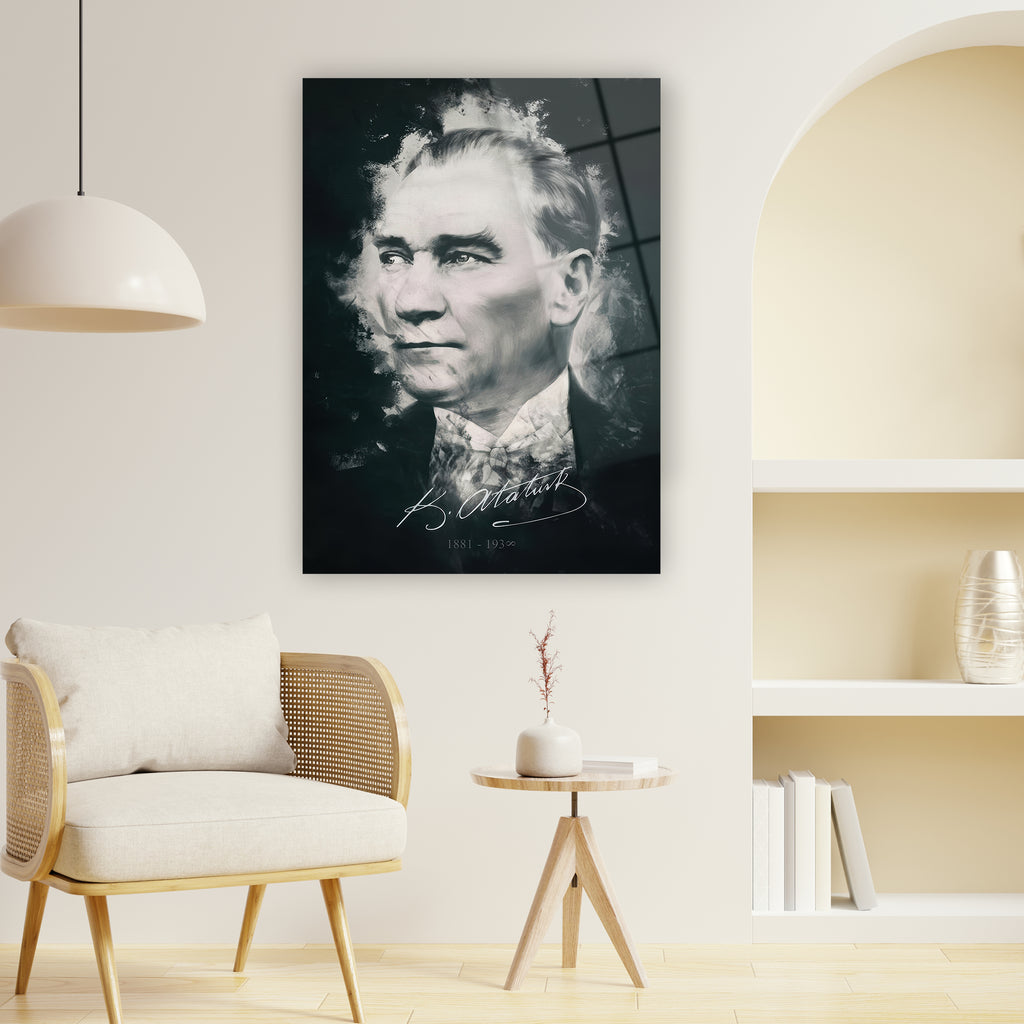 İmza ve tarihli cam tablo lider portresi, modern siyah duvar süsü