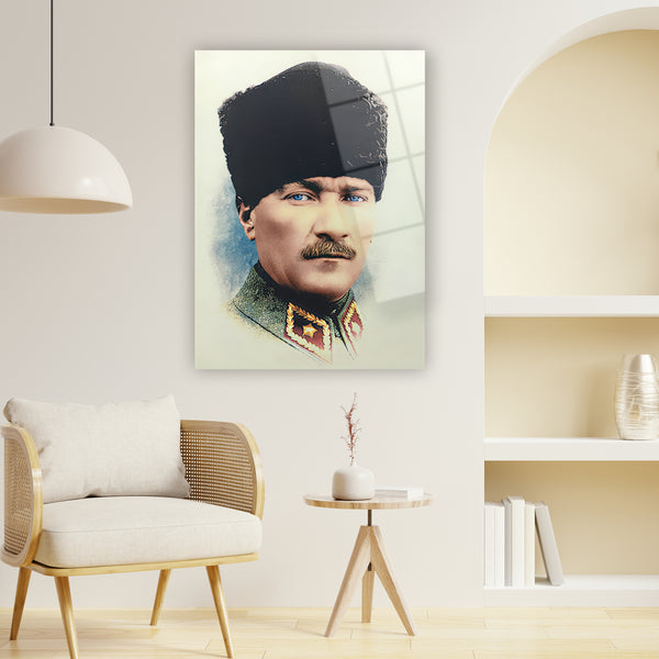 Mavi gözlü tarihi lider cam tablo, bayrağ rozetli vintage duvar süsü