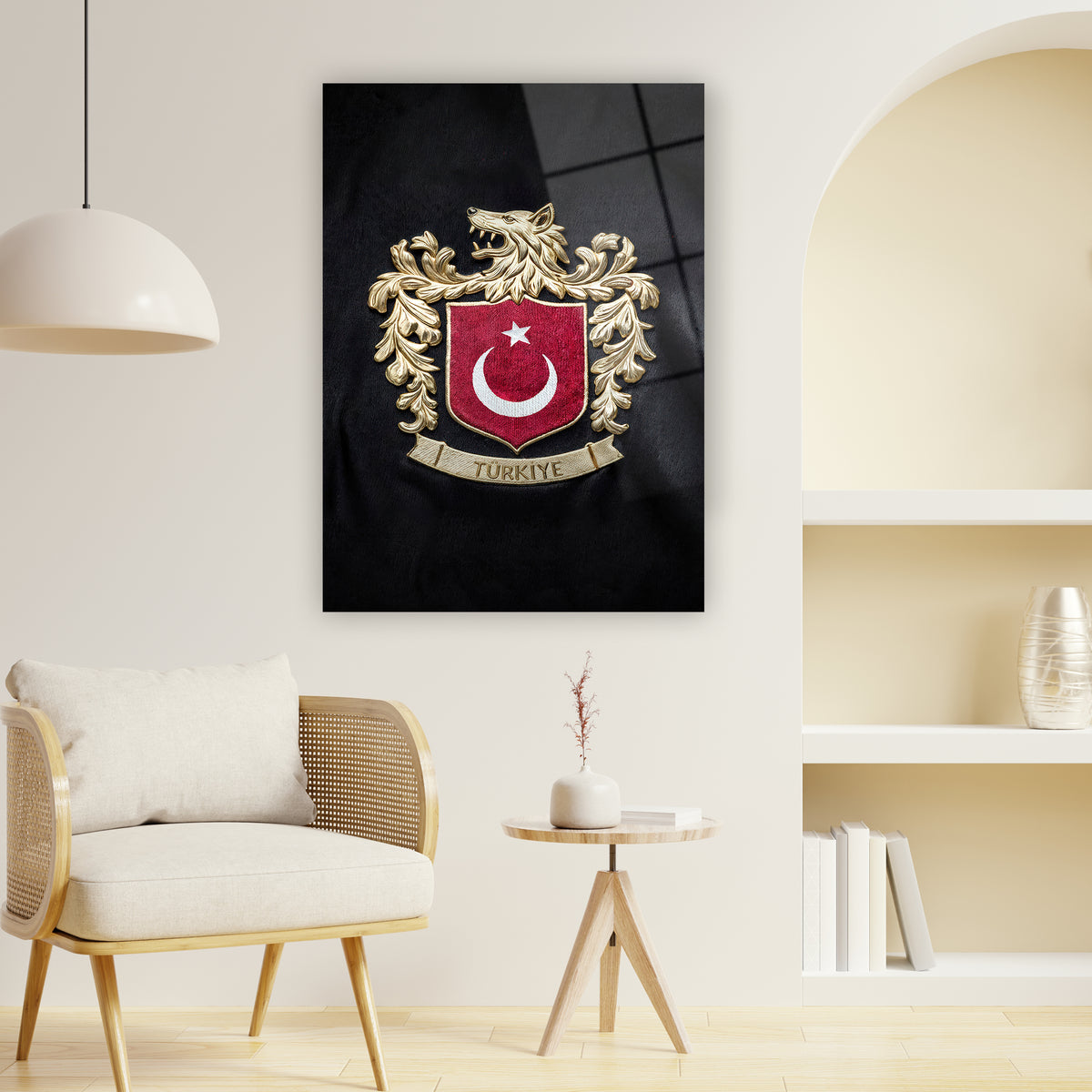 Türkiye arması cam tablo, altın aslan başı ay-yıldız duvar süsü