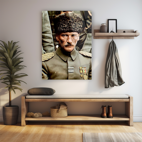 Cam tablo askeri lider portresi, kepi ve madalyalar ile tasarım duvar süsü