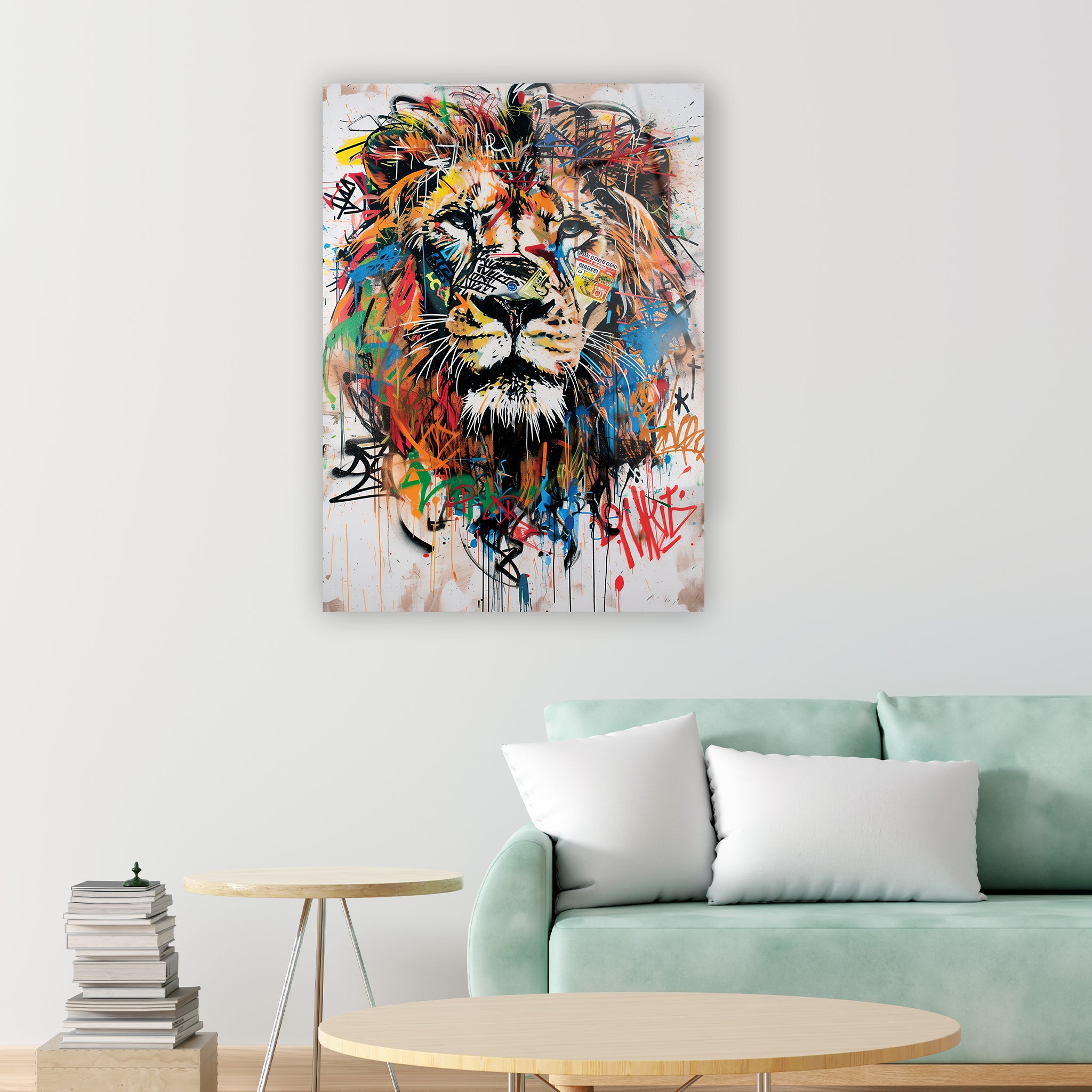 Grafiti Sanatı Renkli Aslan Cam Tablo Ürün ikincil görseli