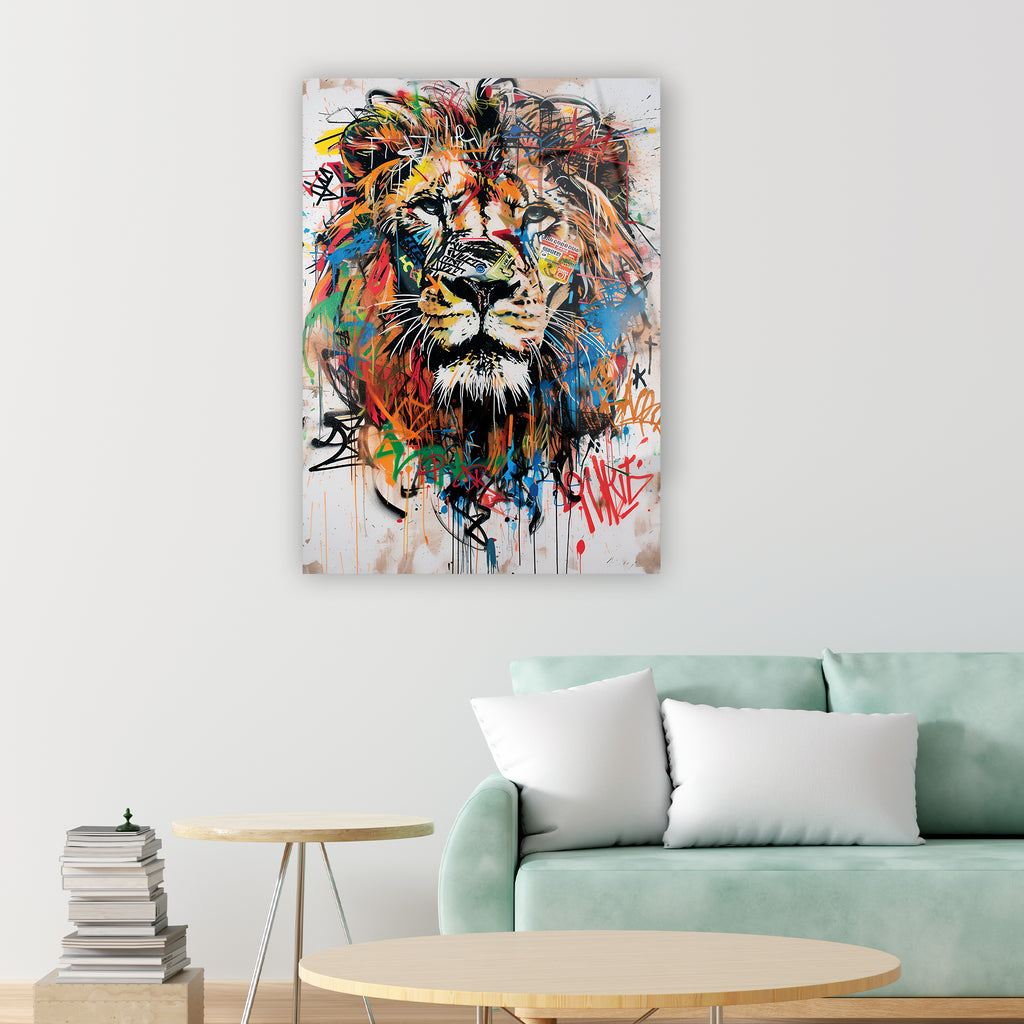 Aslan graffiti cam tablo, street art renkli modern tasarım çağdaş duvar dekorasyonu
