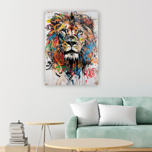 Aslan graffiti cam tablo, street art renkli modern tasarım çağdaş duvar dekorasyonu