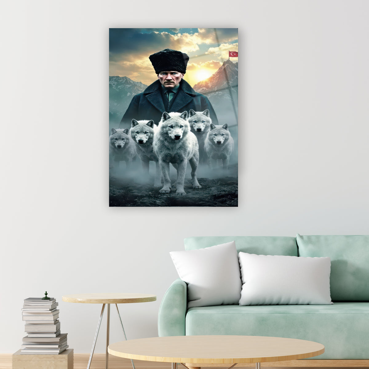 Epik cam tablo lider portresi, kurt sürüsü ve gün batışı duvar dekorasyonu