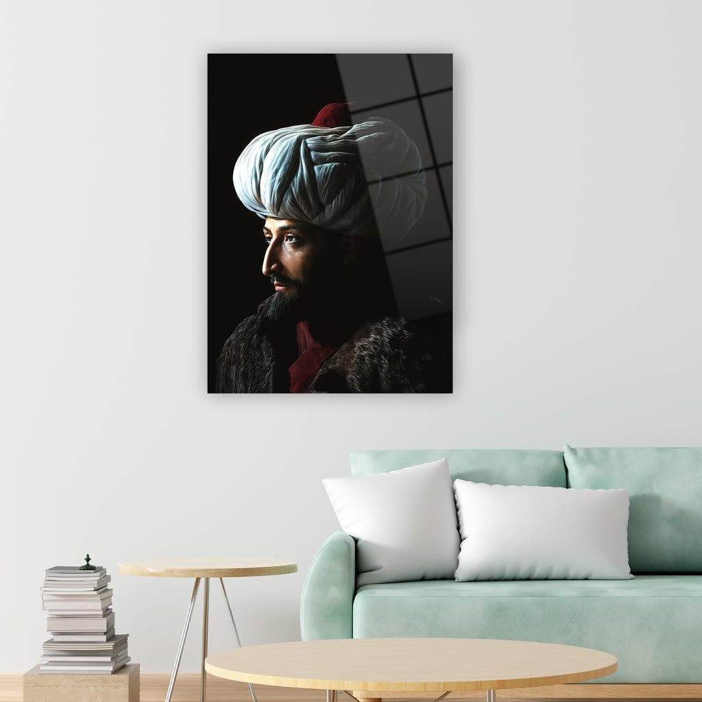 İstanbul fatihi cam tablo, Fatih Sultan Mehmet profil beyaz sarık tasarım duvar dekorasyonu