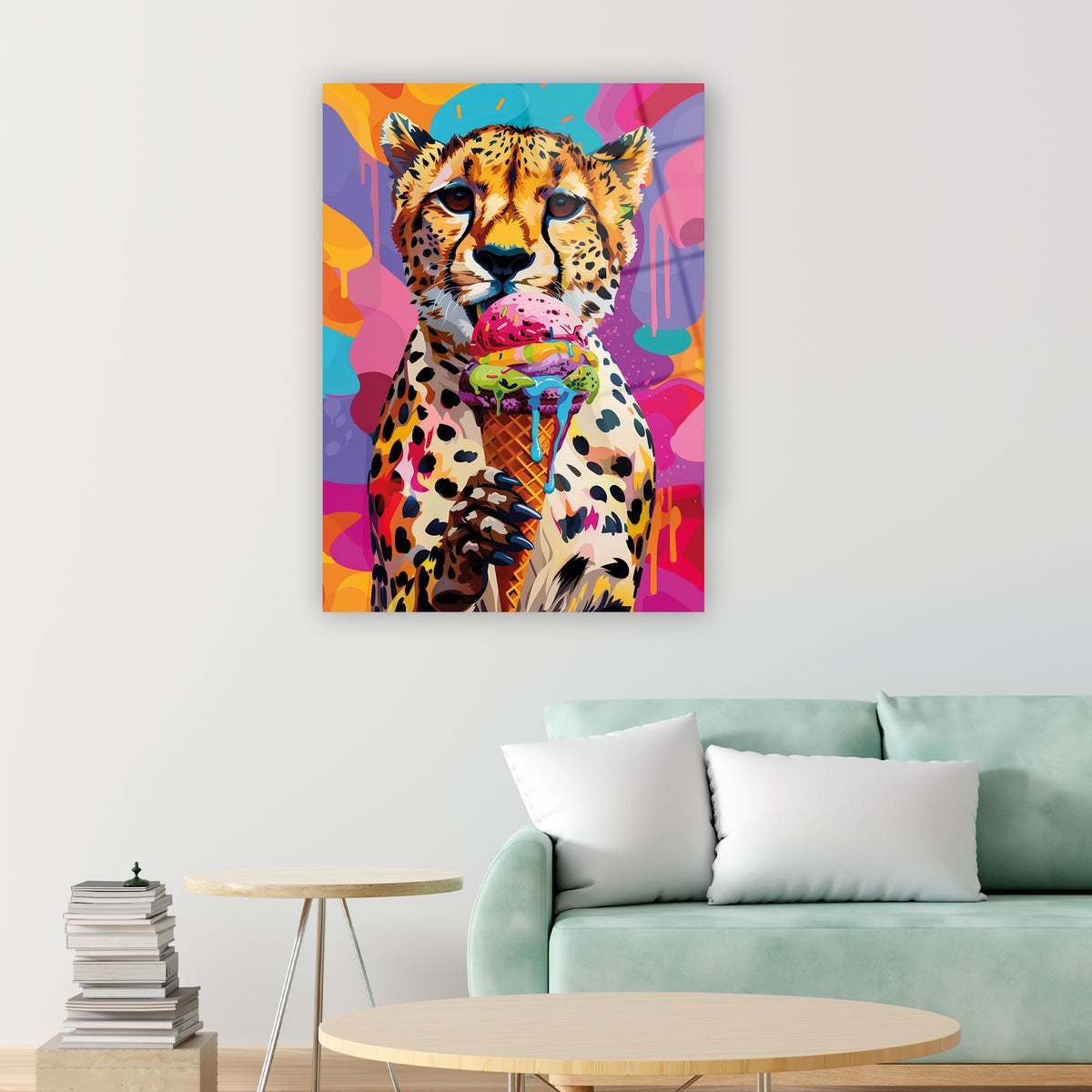 Leopar cam tablo, dondurma pop art renkli modern tasarım duvar dekorasyonu