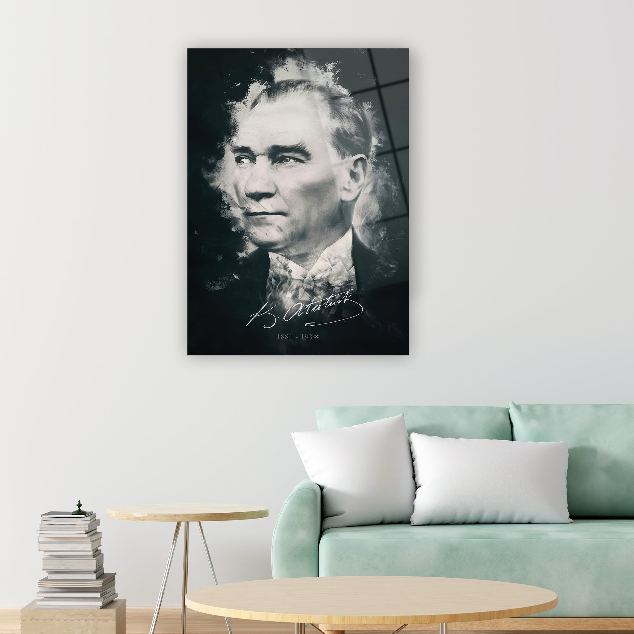 Atatürk Koleksiyonu - Siyah Beyaz İmzalı Atatürk Portresi Cam Tablo Ürün ikincil görseli