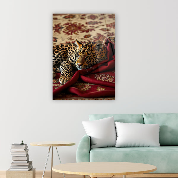 Pars leopar cam tablo, kırmızı kumaş altın motif lüks tasarım duvar dekorasyonu