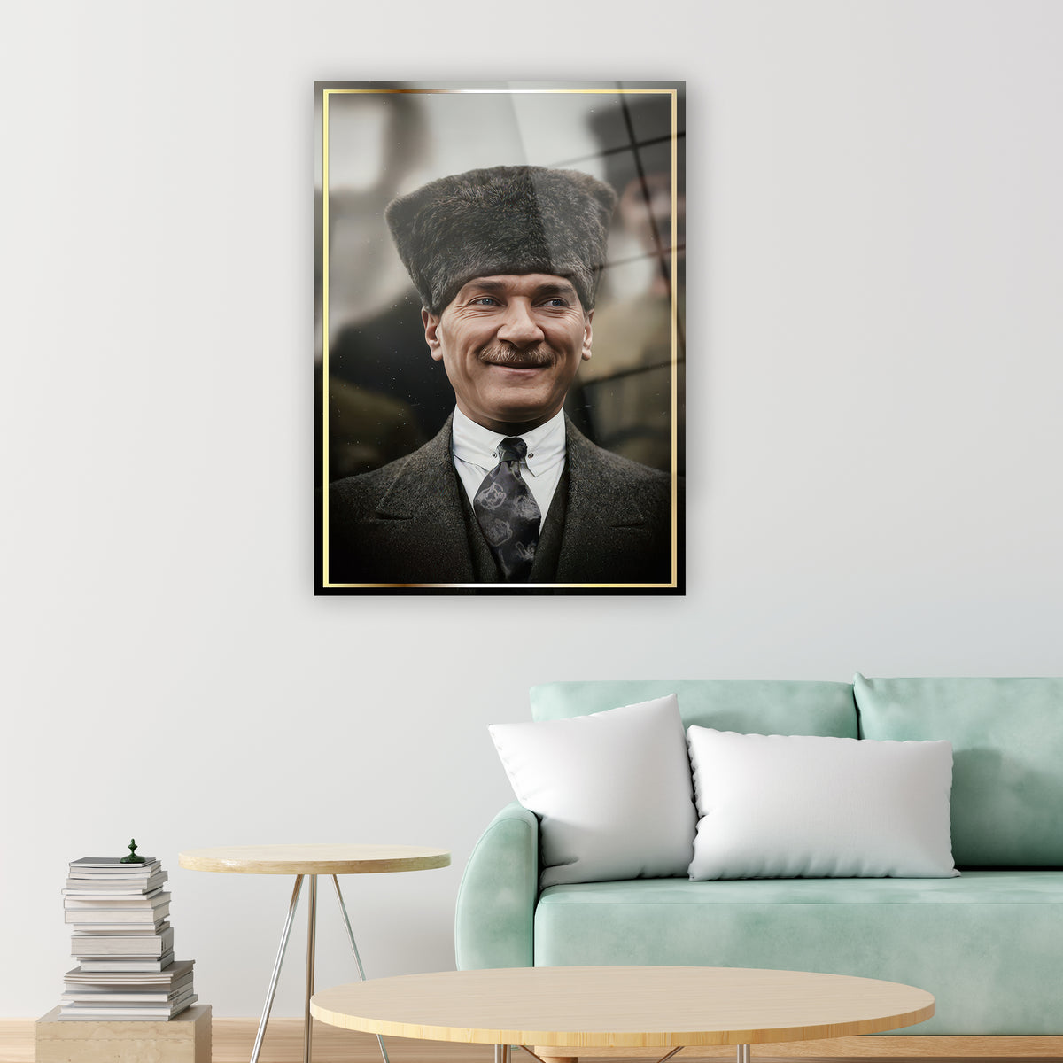 Resmi elbise ve siyah başlıklı cam tablo lider portresi, modern duvar süsü