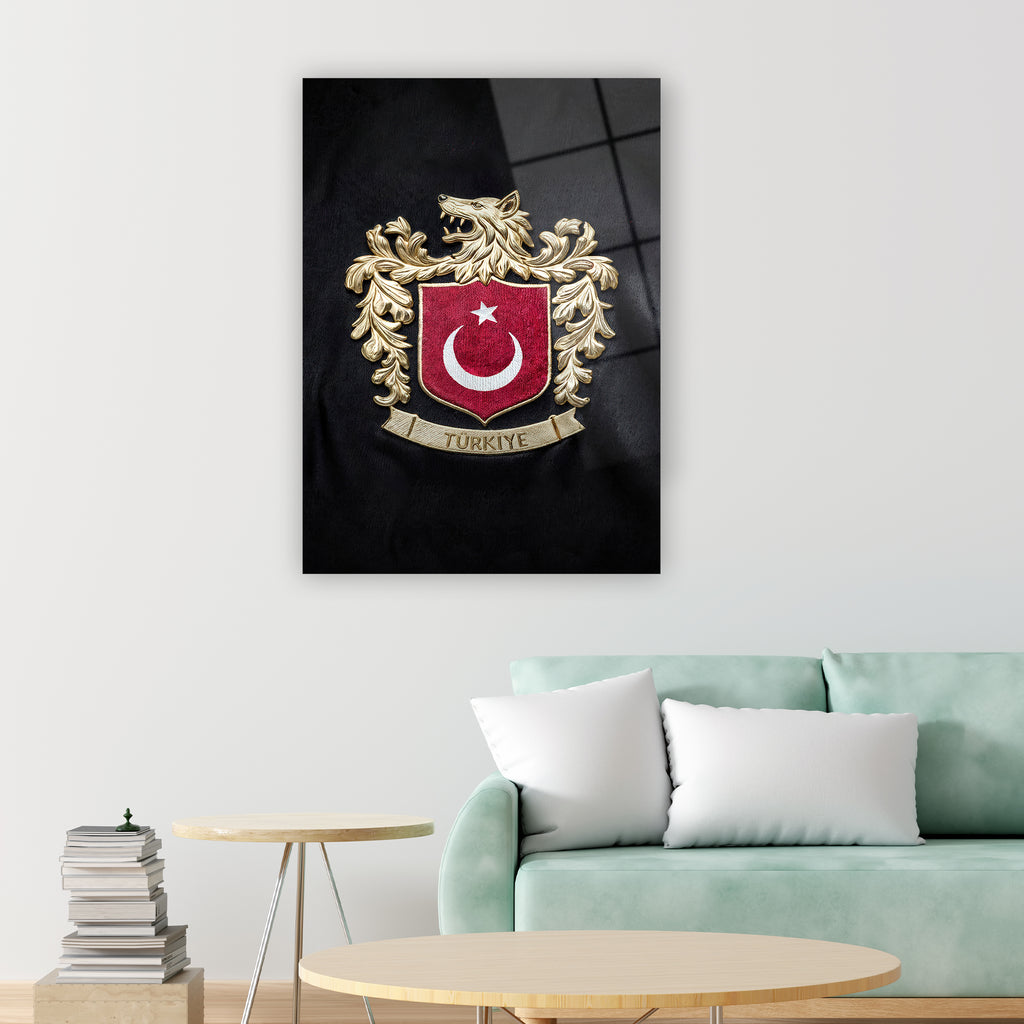 Türk resmi sembolü cam tablo, aslan başı altın çerçeve duvar dekorasyonu