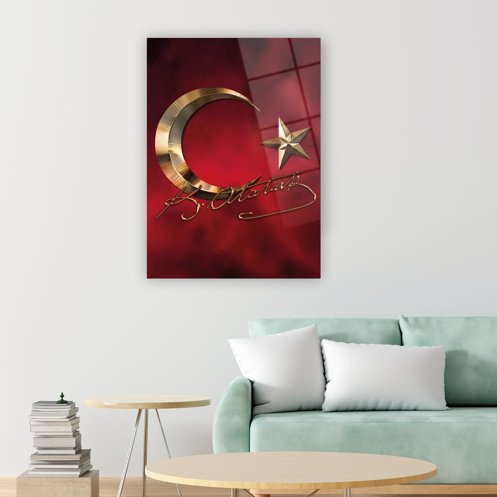 Türk sembolü cam tablo, altın ay-yıldız imzalı kırmızı tasarım duvar dekorasyonu