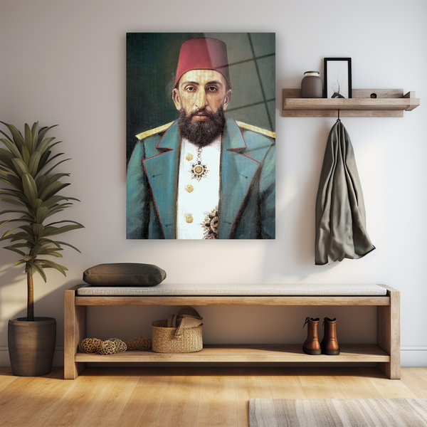 Cam tablo Abdülhamid Han sanat eseri, Osmanlı padişahı fes üniforması tasarım duvar sanat