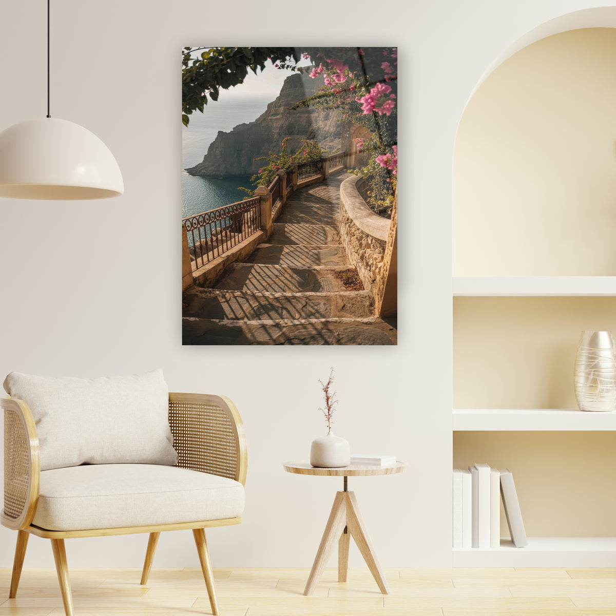 Cam tablo Akdeniz manzarası sanat eseri, deniz taş merdivenler pembe çiçekler duvar sanat