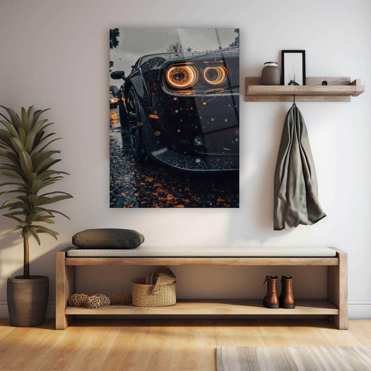 Cam tablo neon araba sanat eseri, turuncu LED ışıklar yağmur atmosferi tasarım