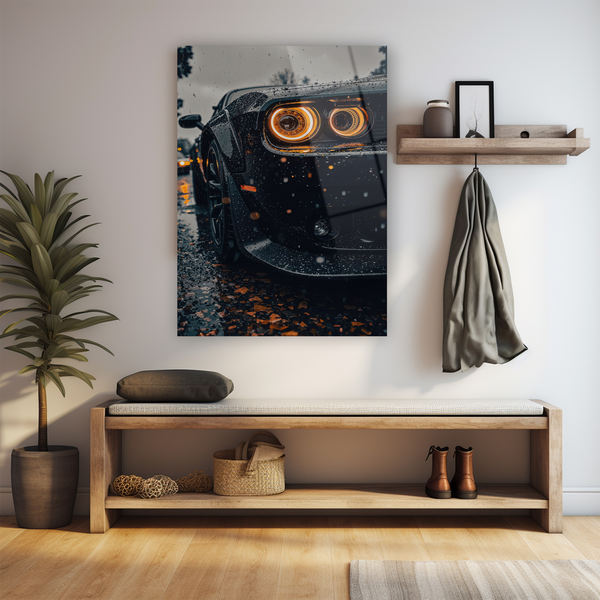 Cam tablo neon araba sanat eseri, turuncu LED ışıklar yağmur atmosferi tasarım