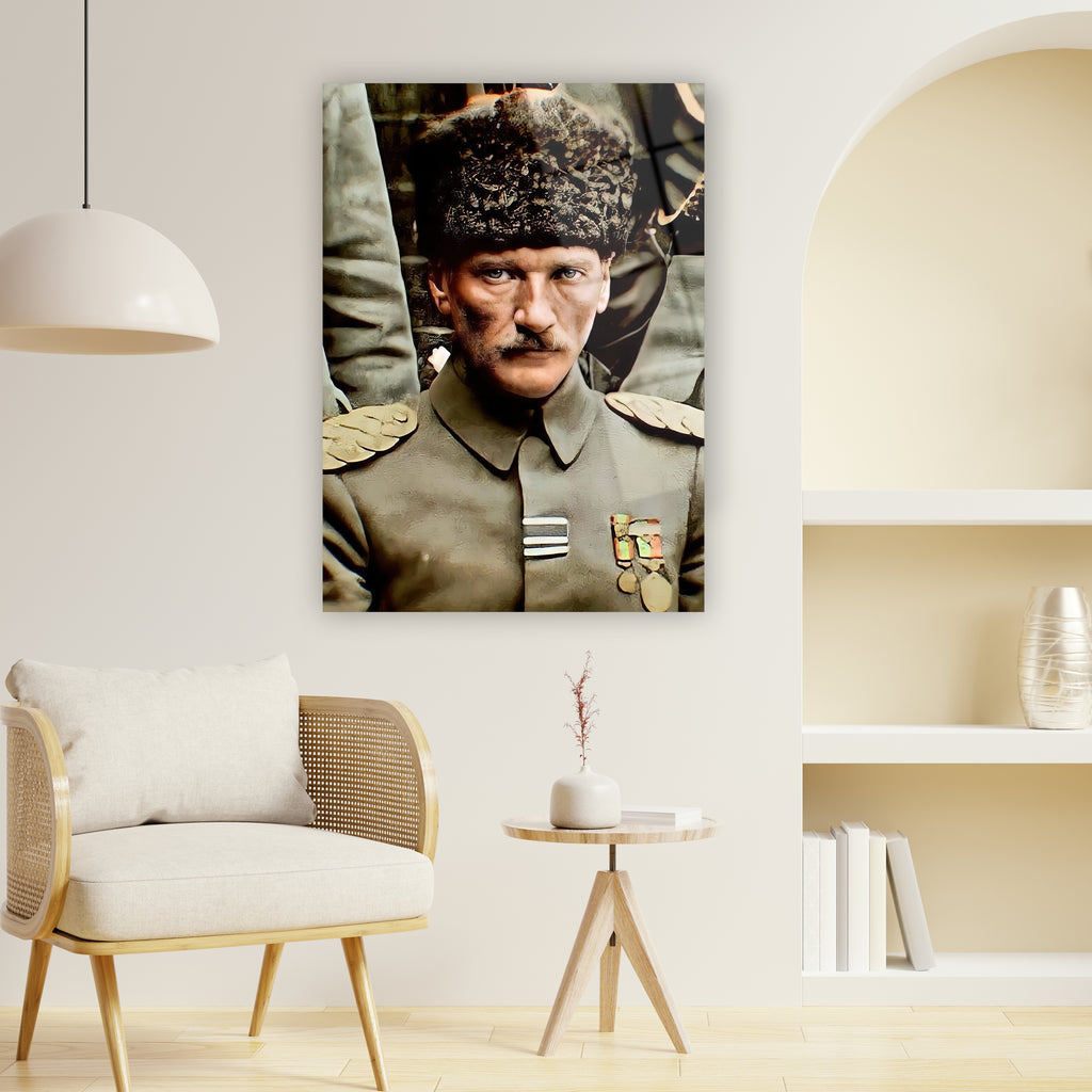Vintage askeri komutan cam poster tablo, resmi üniforması madalya ile cam baskı