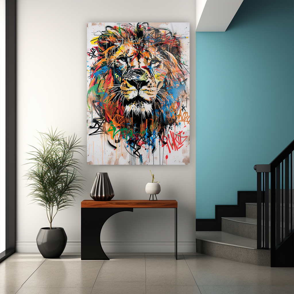 Cam tablo aslan sanat eseri, street art graffiti renkli modern tasarım duvar sanat