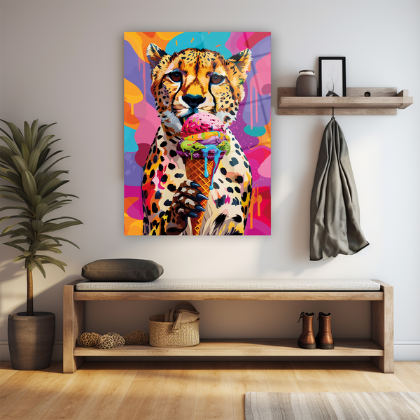 Cam tablo cheetah sanat eseri, dondurma pop art renkli modern tasarım duvar sanat