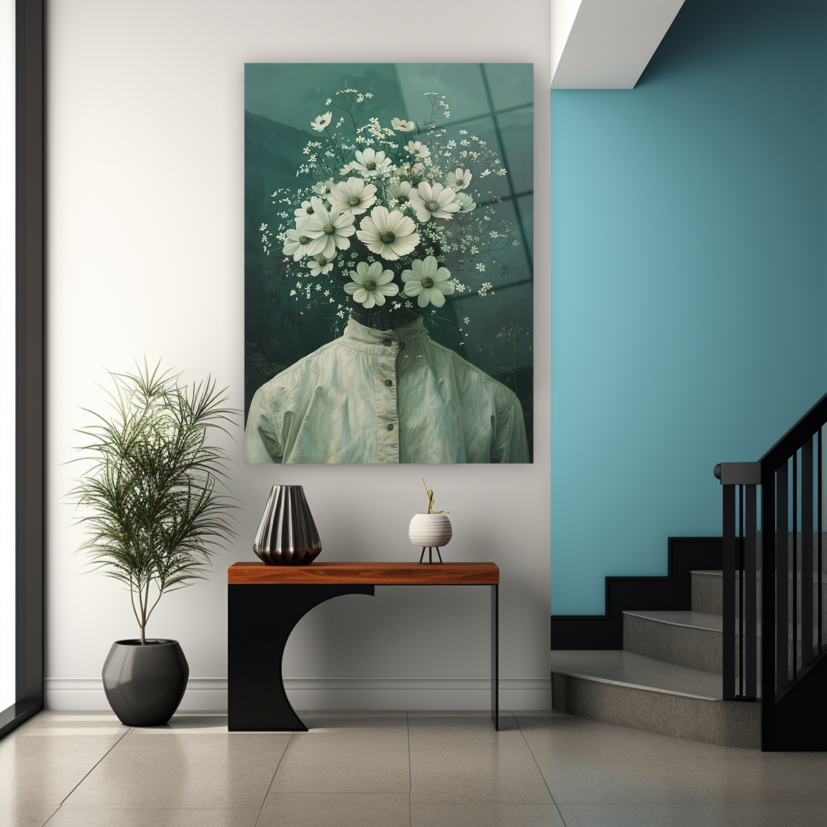 Cam tablo daisy başlı sanat eseri, çiçek sürreal yeşil tasarım modern duvar sanat