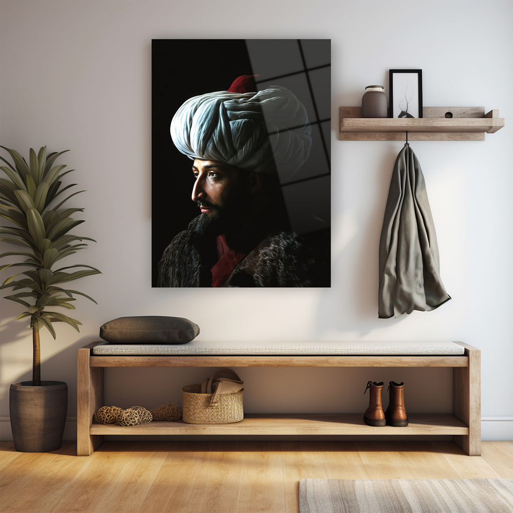 Cam tablo Fatih Sultan Mehmet sanat eseri, profil beyaz sarık Osmanlı tasarım duvar sanat