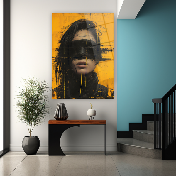 Cam tablo glitch sanat eseri, turuncu siyah dijital portresi modern tasarım duvar sanat