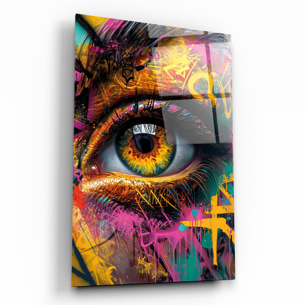 Grafiti sanatı renkli göz detaylı modern cam tablo Tablodecor