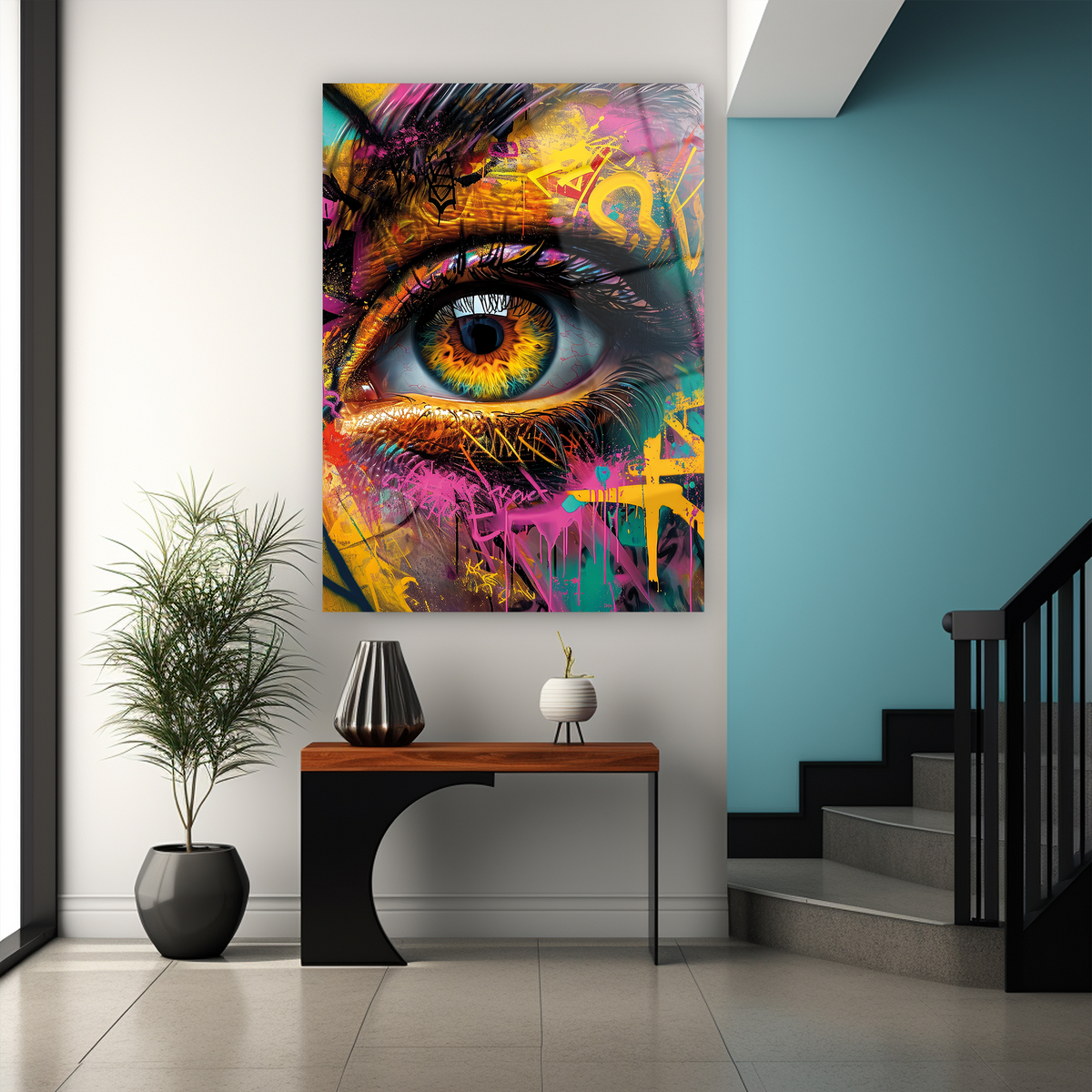 Cam tablo göz sanat eseri, pop art renkli modern street tasarım duvar sanat