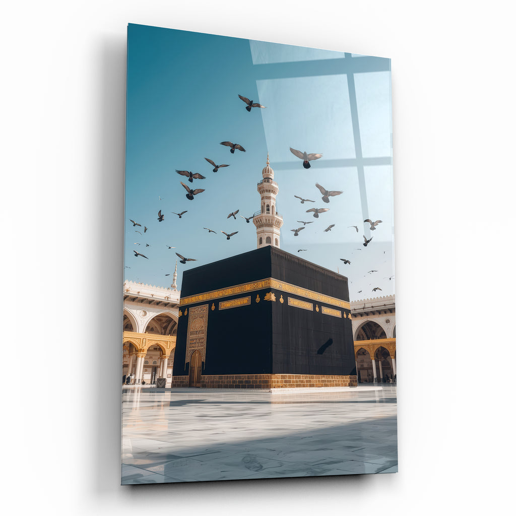 Mekke Kabe-i Şerif ve kuşlar temalı İslami cam tablo Tablodecor