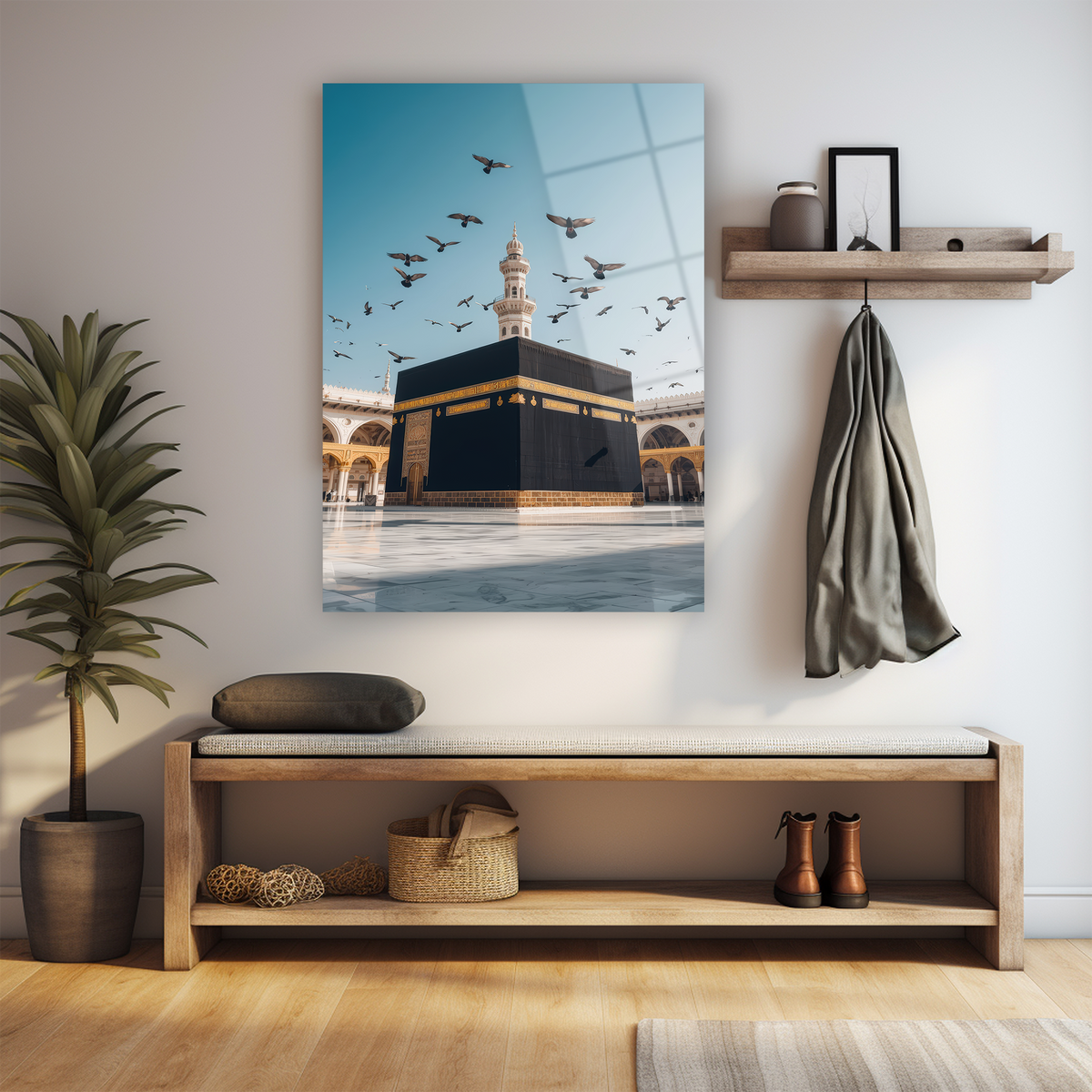 Cam tablo Kabe sanat eseri, minare güvercinler mavi gökyüzü İslami tasarım duvar sanat