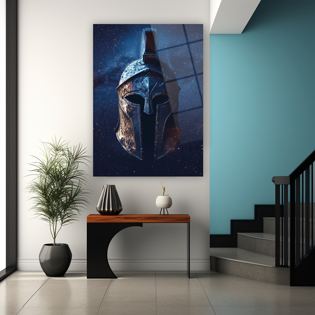 Cam tablo antik kask sanat eseri, uzay mavi turuncu yıldız tasarım duvar sanat