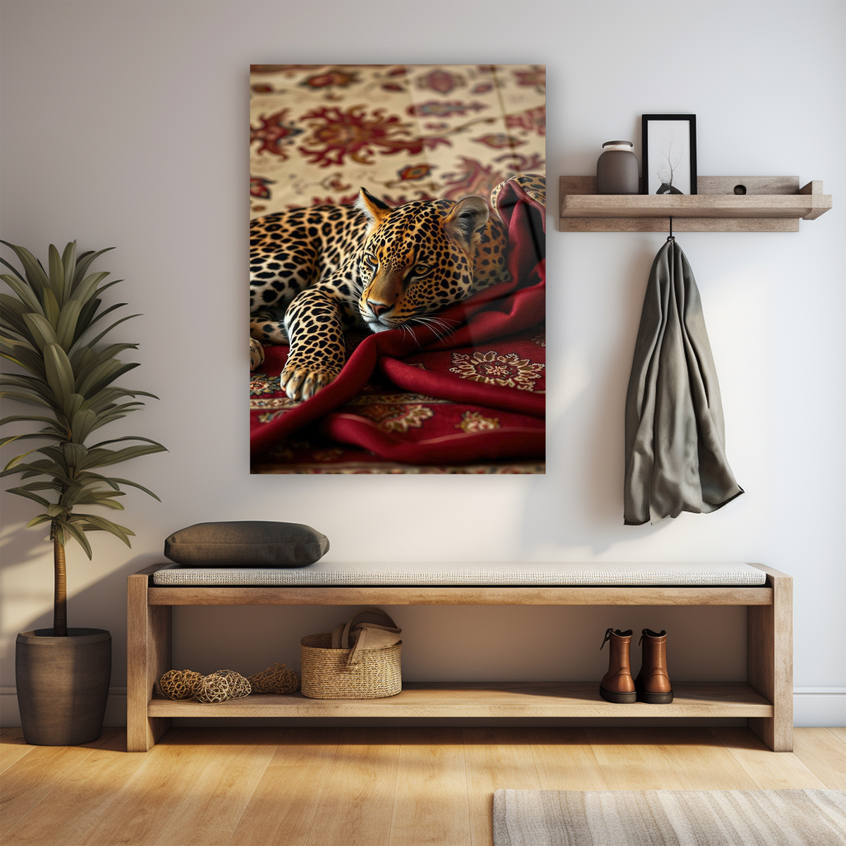 Cam tablo leopar saart eseri, kırmızı kumaş altın dekorasyon lüks tasarım duvar sanat