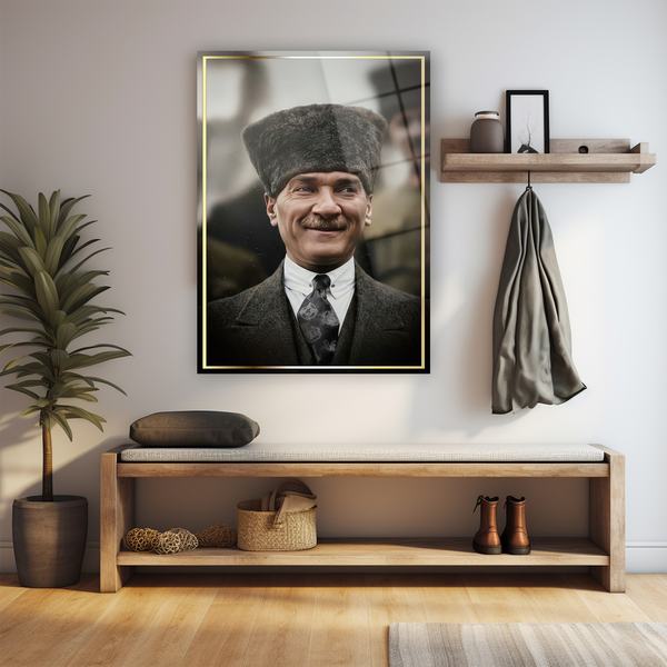 Cam tablo lider portresi, altın-siyah çerçeveli premium tasarım duvar sanat