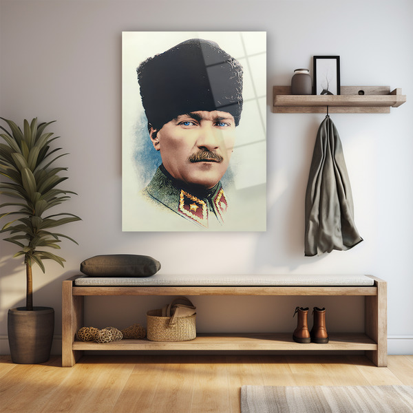 Cam tablo lider portresi, siyah başlık ve bıyıkla tasarım duvar sanat eseri