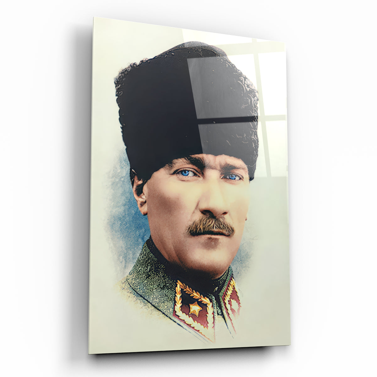 Tarihi lider portreli cam tablo, siyah başlık ve Türk rozetleri duvar sanat