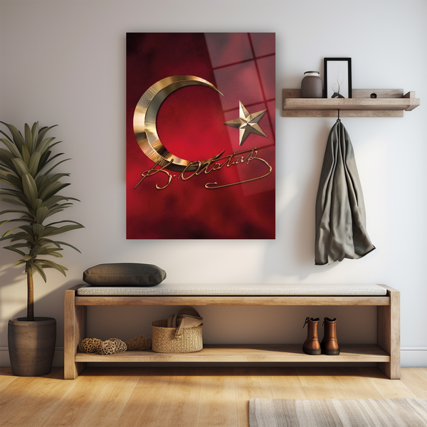 Cam tablo Türk imzası sanat eseri, altın ay-yıldız kırmızı duvar sanat tasarım