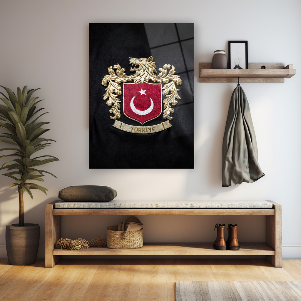 Cam tablo Türkiye arması sanat eseri, aslan ay-yıldız altın barok tasarım duvar sanat