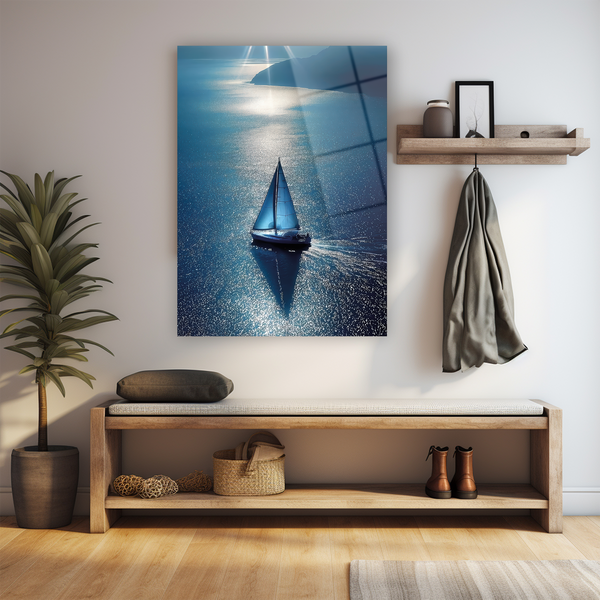 Cam tablo yelkenli tekne sanat eseri, mavi deniz ve ışık tasarım duvar sanat