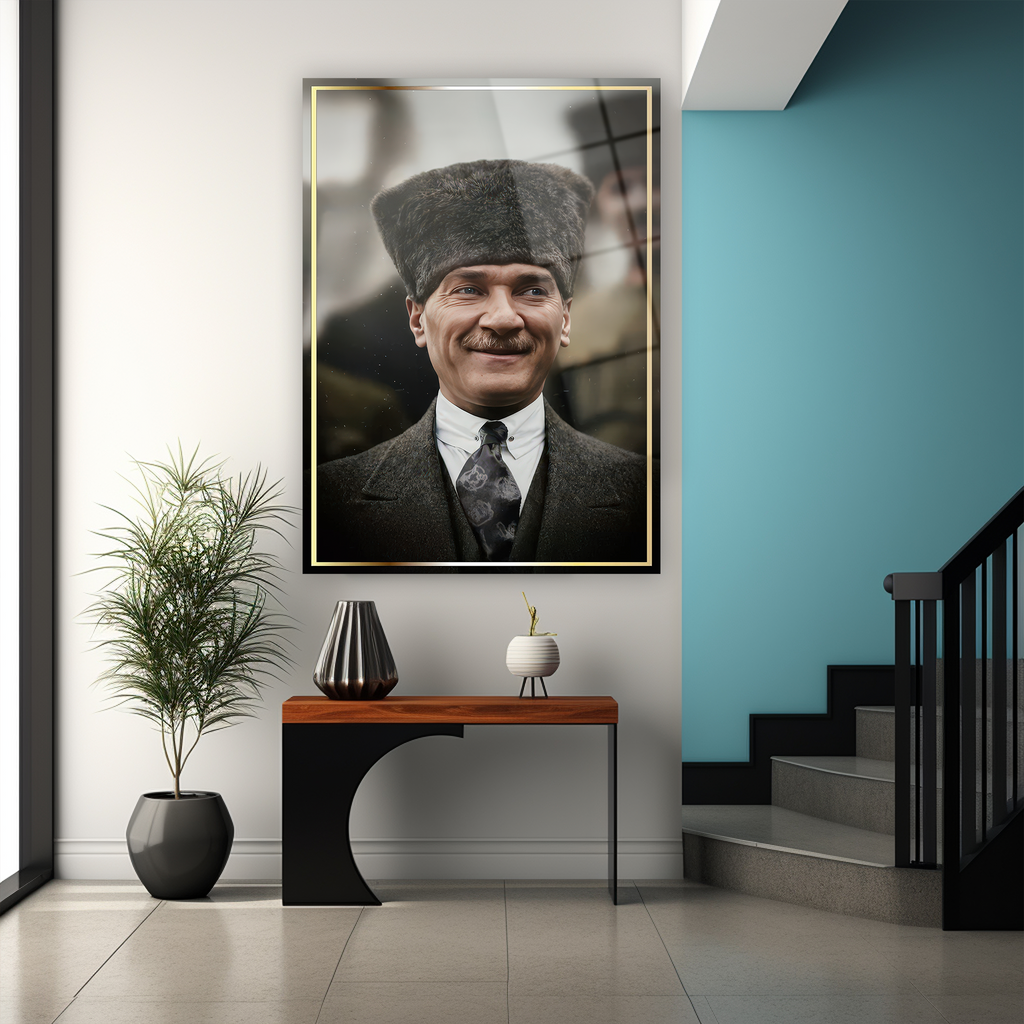 Kibar giyimli cam tablo lider, altın çerçeve detaylı duvar dekorasyonu ürünü