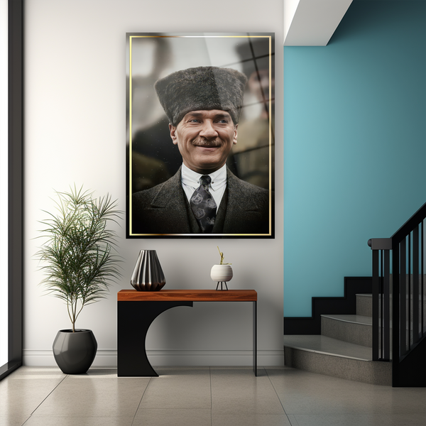 Kibar giyimli cam tablo lider, altın çerçeve detaylı duvar dekorasyonu ürünü