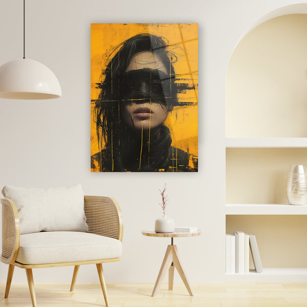 Dijital cam tablo, glitch art turuncu siyah portre tasarım modern duvar dekorasyonu ürünü