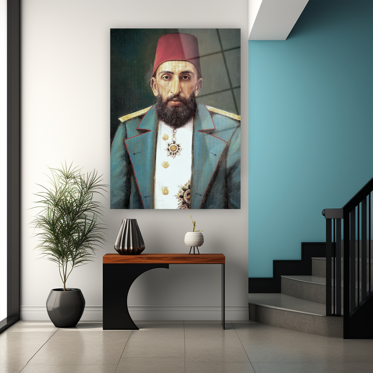Osmanlı padişahı cam tablo, Abdülhamid Han resmi madalya üniforması tasarım duvar dekorasyonu ürünü