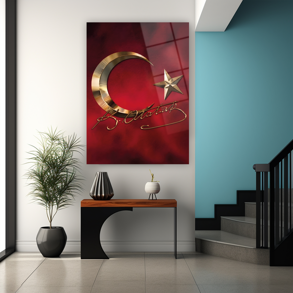 İmzalı cam tablo Türk bayrağı, altın ay-yıldız kırmızı modern duvar dekorasyonu ürünü