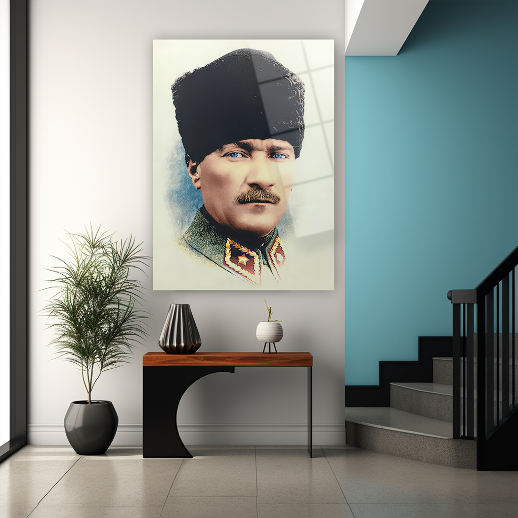 Türk bayrağı motifli cam tablo lider portresi, modern duvar dekorasyonu