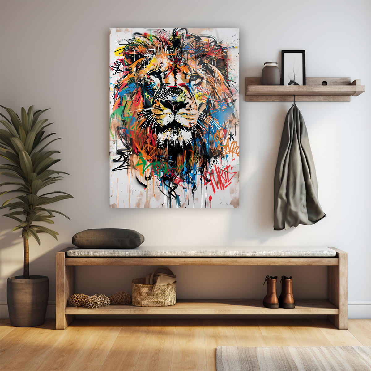 Aslan cam tablo, street art graffiti renkli turuncu tasarım modern duvar dekorasyonu ürünü